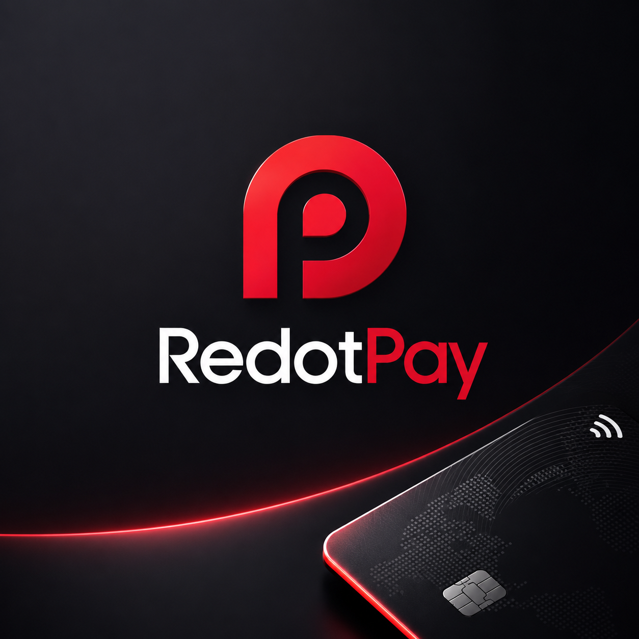RedotPay logo with premium card and red glow on a dark background